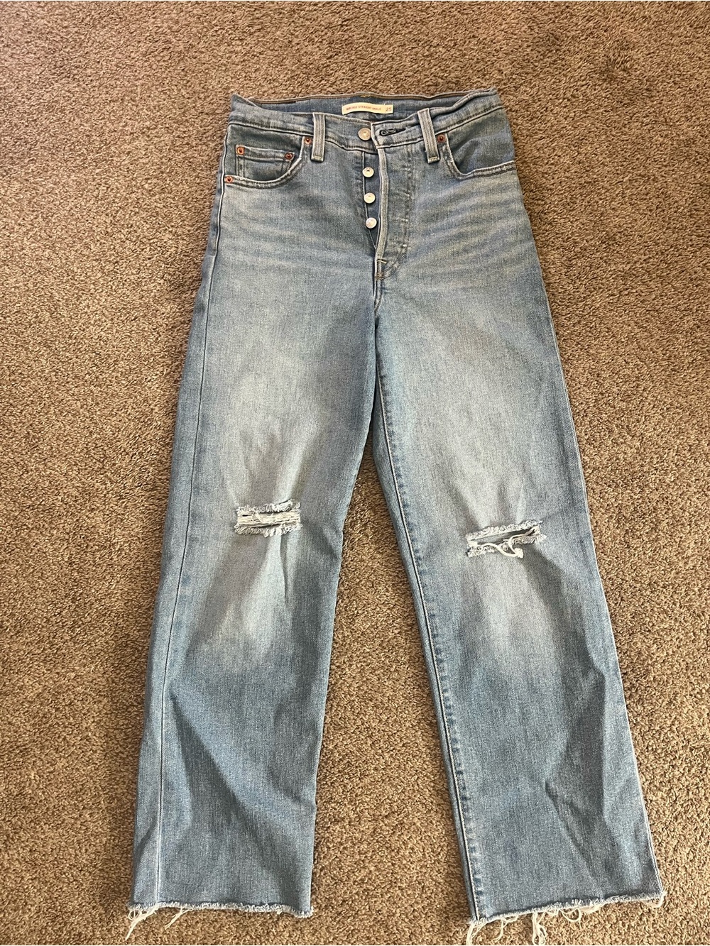 Levi's Light Blue High-Rise Button-Fly Distressed Straight Jeans
